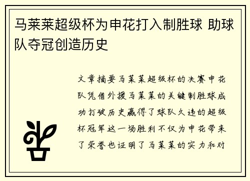 马莱莱超级杯为申花打入制胜球 助球队夺冠创造历史 马莱莱超级杯为申花打入制胜球 助球队夺冠创造历史